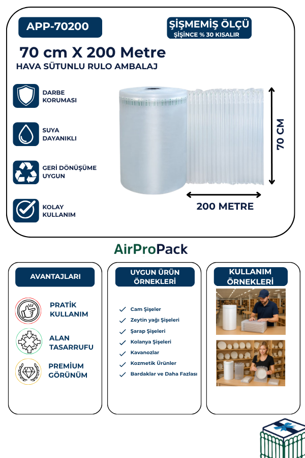 70 CM X 200 MT.(Tek katı 80 mic.) AirProPack RULO KDV DAHİL